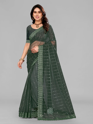 AKFABRICS Digital Print Daily Wear Lycra Blend Saree(Dark Green)