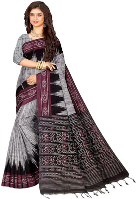 Joyguru Textile Printed Sambalpuri Cotton Blend Saree(Grey)