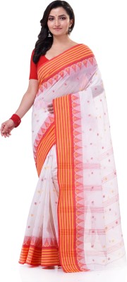 TANTLOOM Paisley Handloom Pure Cotton Saree(White)