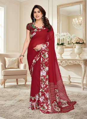 SmittenSmit Printed Bollywood Georgette Saree(Red)
