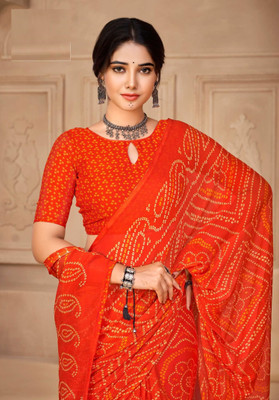 Xclusive Designer Geometric Print Bandhani Chiffon Saree(Orange)