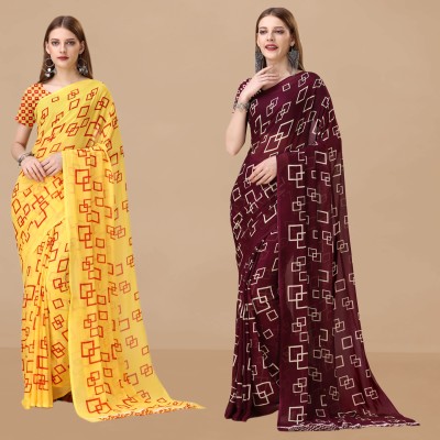 Dori Graphic Print Daily Wear Georgette Saree(Pack of 2, Yellow, Purple)