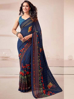 shiv textiles Printed Bollywood Georgette Saree(Dark Blue)