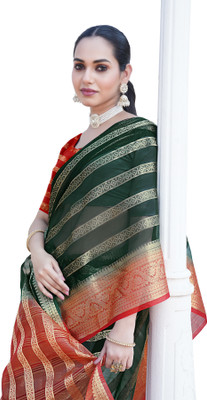 Aarunika BS Striped Bollywood Organza Saree(Dark Green)