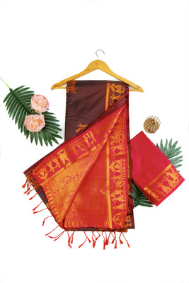 ITHAZHYAZ Floral Print Banarasi Pure Cotton Saree(Red)