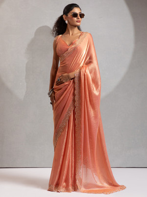 ANOUK Embellished Bollywood Satin Saree(Orange)