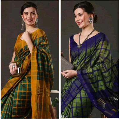ROFOLO Embellished, Solid/Plain, Striped Daily Wear Chanderi, Cotton Silk Saree(Pack of 2, Multicolor)