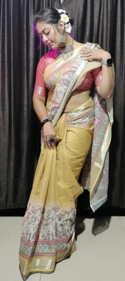 VTEXX Digital Print Daily Wear Cotton Linen Saree(Mustard)