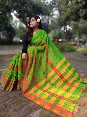 AMIT STORE Striped Handloom Cotton Blend Saree(Light Green)