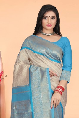 FABLINK Striped Banarasi Jacquard Saree(Grey)