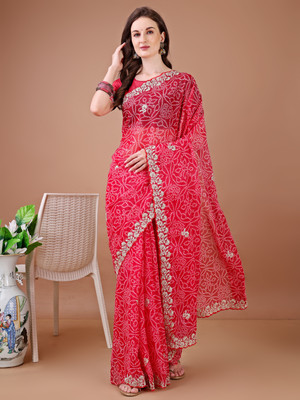 Divastri Printed Bandhani Georgette Saree(Red)