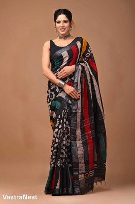 VastraNest Printed, Striped Hand Batik Cotton Linen Saree(Multicolor)