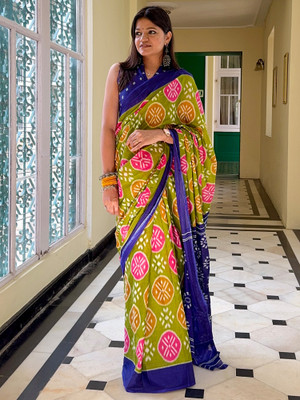 Tasrika Printed Ikkat Cotton Blend Saree(Light Green)