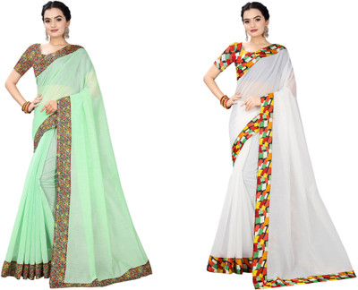 manish Solid/Plain Chanderi Cotton Blend Saree(Pack of 2, White, Light Green)