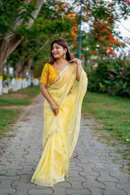 P2 Creation Embroidered Arani Pattu Art Silk Saree(Pack of 2, Yellow, Silver)