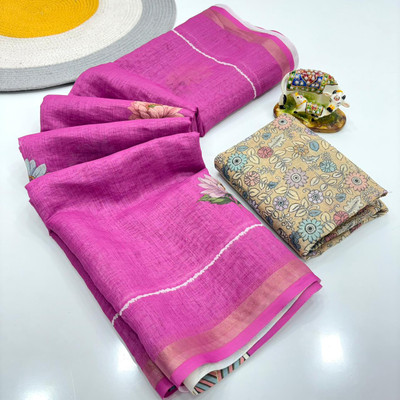 niesha fashion Floral Print, Printed Bollywood Cotton Linen Saree(Pink)