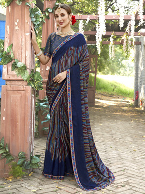 ANOUK Printed Daily Wear Georgette Saree(Blue)