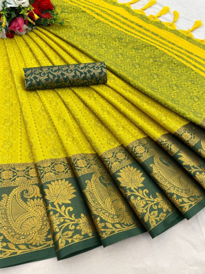looknchoice Woven Kanjivaram Jacquard, Pure Silk Saree(Light Green)