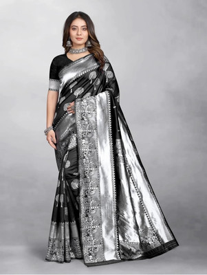 Om Creation Self Design Banarasi Polyester Saree(Black)