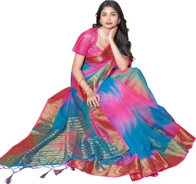 KOTHARI LGF Digital Print, Woven Bandhani Organza Saree(Light Blue)