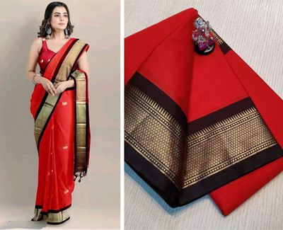 ns collection Applique Paithani Cotton Silk Saree(Red)