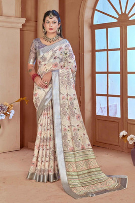 Rachna Printed Daily Wear Linen Saree(Cream)