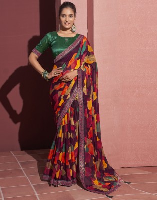 Samah Floral Print, Geometric Print, Embellished Bollywood Chiffon, Georgette Saree(Purple, Multicolor)