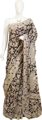 SR Handlooms And Textiles Printed Kalamkari Handloom Cotton Blend Saree(Black)