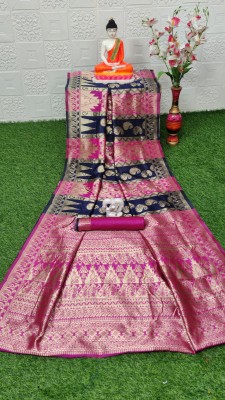 Ajamukhi Woven Kanjivaram Art Silk Saree(Blue, Pink)