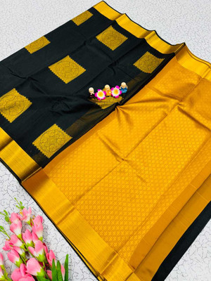 AVANTIKA FASHION Printed Kanjivaram Pure Silk, Art Silk Saree(Black, Yellow)