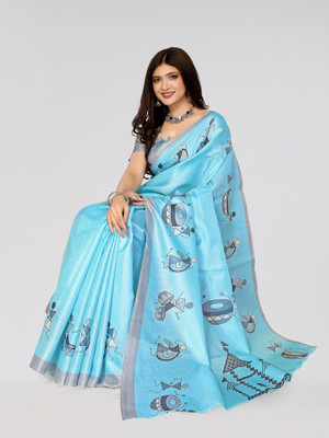 Nirvaan Printed Mysore Art Silk Saree(Blue)