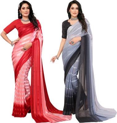 Anand Sarees Striped Bollywood Satin Saree(Pack of 2, Pink, Red, Grey, Black)