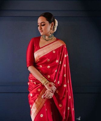 NIYAMI Printed, Self Design, Temple Border, Woven, Floral Print, Solid/Plain Banarasi Jacquard, Cotton Silk Saree(Red)