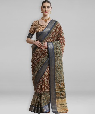 Divastri Printed Madurai Cotton Blend Saree(Brown)