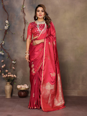 Pandadi Saree Woven Banarasi Satin, Silk Blend Saree(Pink)