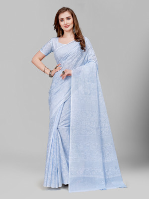 RATAN Floral Print Daily Wear Pure Cotton Saree(Light Blue)