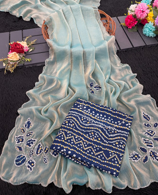 Zari and Ziba Embroidered Bollywood Chiffon Saree(Blue, Green)