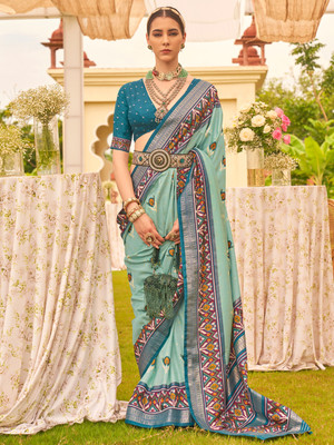 Sareemall Woven Patola Silk Blend Saree(Light Blue)