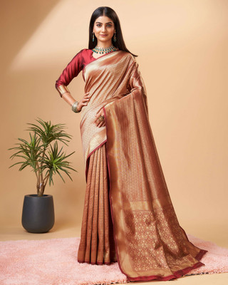 PHEASANT Woven, Embellished Banarasi Silk Blend Saree(Maroon)