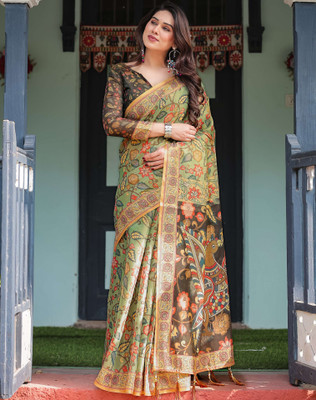 Tasrika Floral Print, Woven, Embellished Handloom Linen Saree(Green)