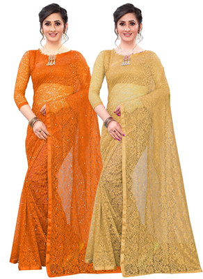 LOROFY Self Design Bollywood Net Saree(Pack of 2, Orange, Beige)