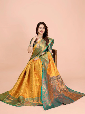 jayant creation Printed Banarasi Silk Blend, Jacquard Saree(Yellow)