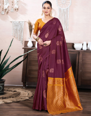 Samah Woven, Embellished Banarasi Silk Blend, Jacquard Saree(Yellow, Maroon, Mustard)