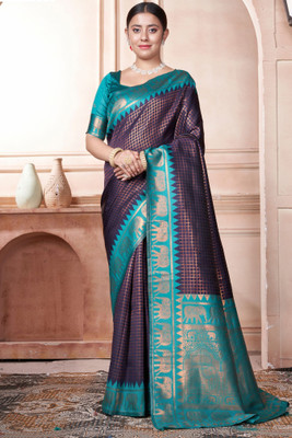 ROOP LAVANYA Woven Kanjivaram Jacquard, Art Silk Saree(Dark Blue)