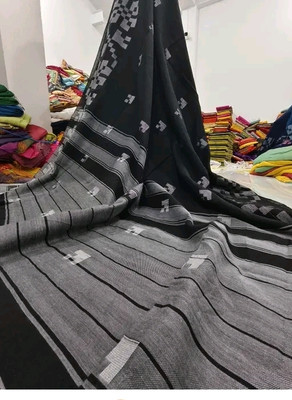 Anita Self Design Saree with Attached Blouse Cotton Blend Saree(Black)