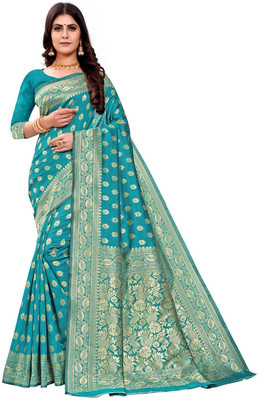 Sundhaji Trends Woven, Dyed, Solid/Plain Kanjivaram Silk Blend, Jacquard Saree(Light Blue)