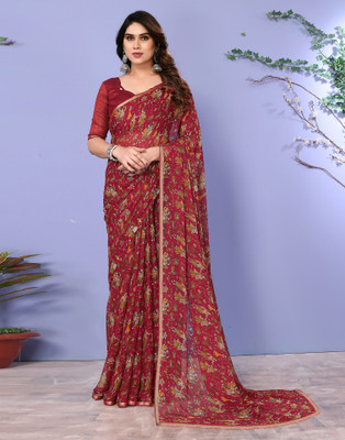 Samah Printed Daily Wear Chiffon Saree(Maroon, Multicolor)
