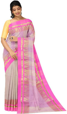 SABITA CUSTOMERY Woven, Self Design Tant Pure Cotton Saree(Cream, Pink)