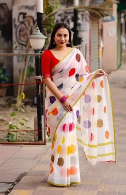 Anjaneya Sarees Polka Print Bollywood Linen Saree(White)