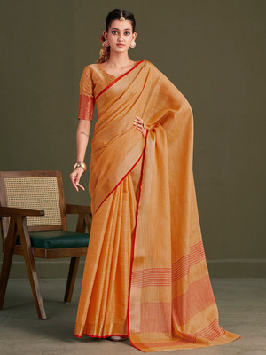 Sangria Printed Daily Wear Linen Saree(Orange)